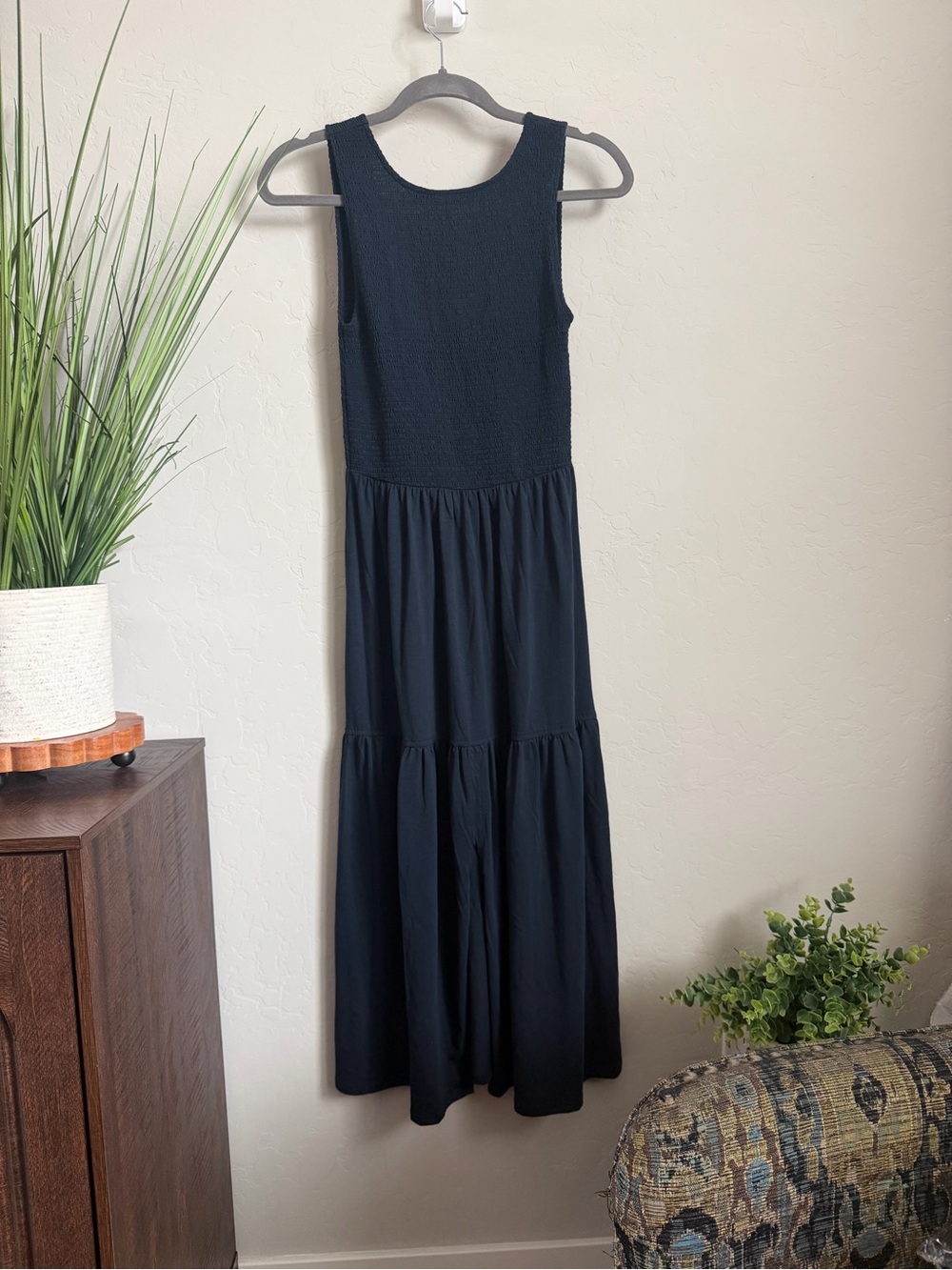 Nation LTD Clementine Midi Dress XS Navy Smocked Pima Cotton NWT